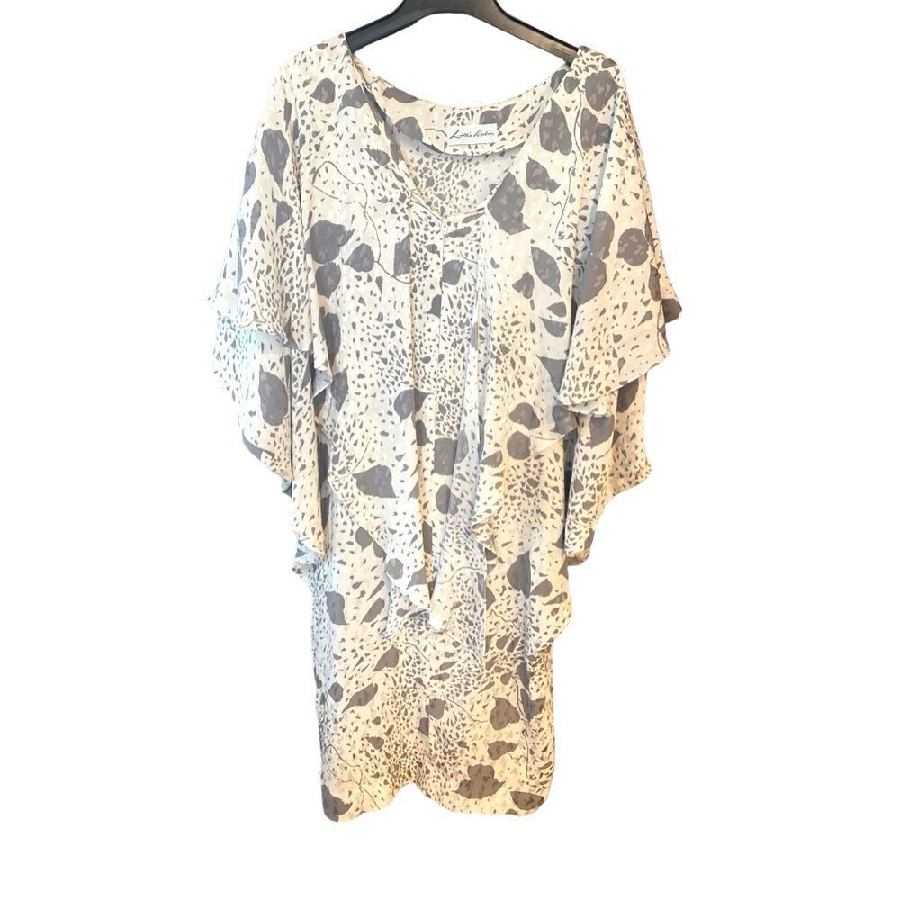 Lillie Rubin Sz L/XL* Beige Gray Pattern Silk ‘70s Vintage Flowy Cocktail Kimono